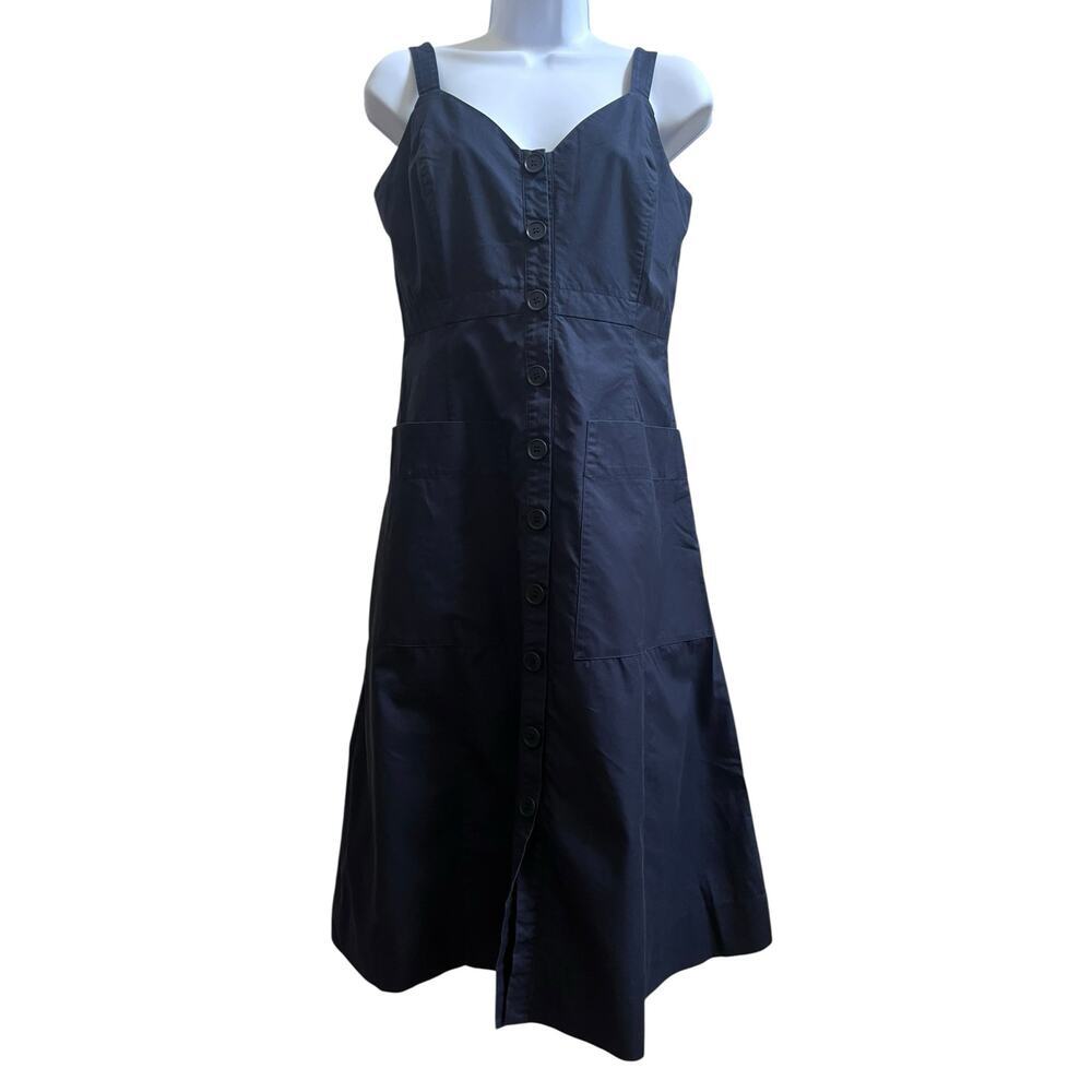 Nordstrom Signature Navy Blue Cotton Pocket Midi Dress Size 4 Small Loose Hem - Picture 2 of 10